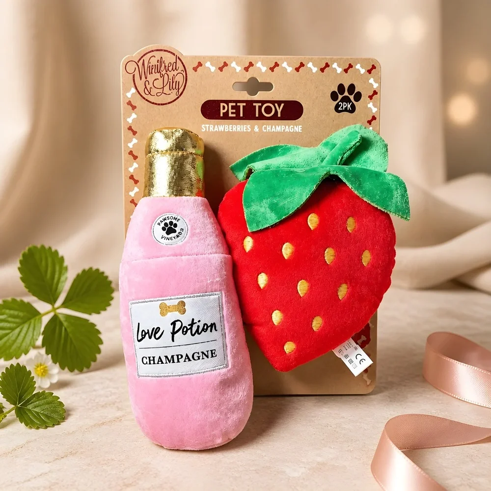 Winifred & Lily Love Potion Champagne Strawberry Plush Squeaker Pet Dog Toy